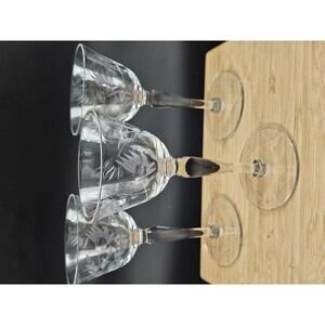 ​3 Vintage Etched Wheat Crystal Cordial Glasses 5.25" UV Glow Manganese